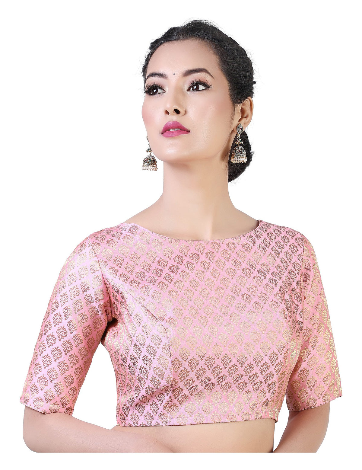 Pink Pastel Brocade Ready-Made Blouse - Boat Neck with Elbow Sleeves