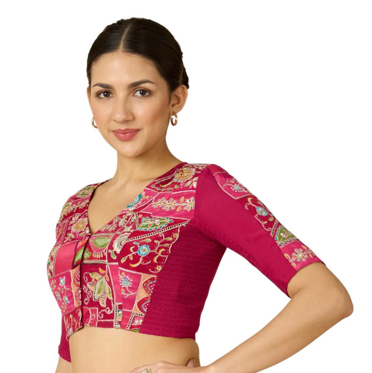 Women’s Pink Viscose Crepe Embroidered Stretchable (Smocked) Saree Blouse | Festive Readymade Blouse