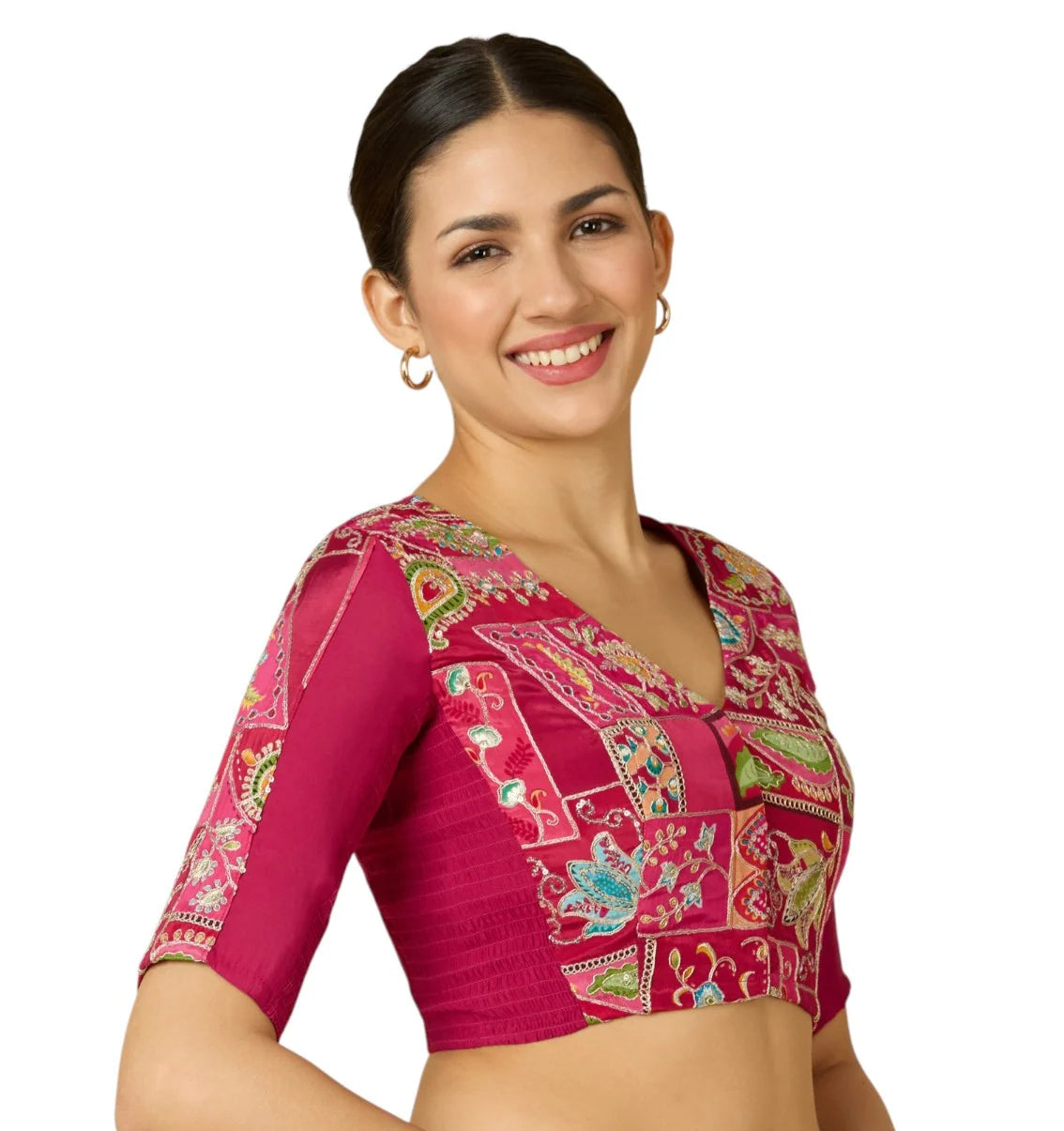 Women’s Pink Viscose Crepe Embroidered Stretchable (Smocked) Saree Blouse | Festive Readymade Blouse