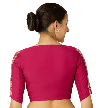 Women’s Pink Viscose Crepe Embroidered Stretchable (Smocked) Saree Blouse | Festive Readymade Blouse
