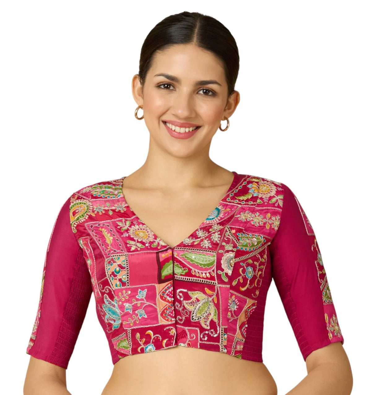 Women’s Pink Viscose Crepe Embroidered Stretchable (Smocked) Saree Blouse | Festive Readymade Blouse