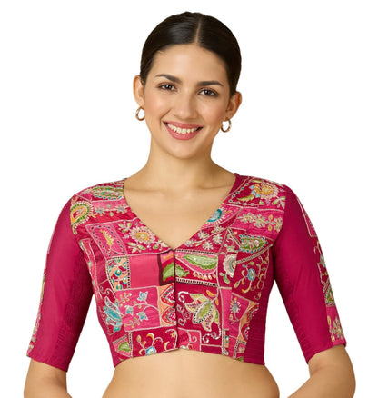 Women’s Pink Viscose Crepe Embroidered Stretchable (Smocked) Saree Blouse | Festive Readymade Blouse