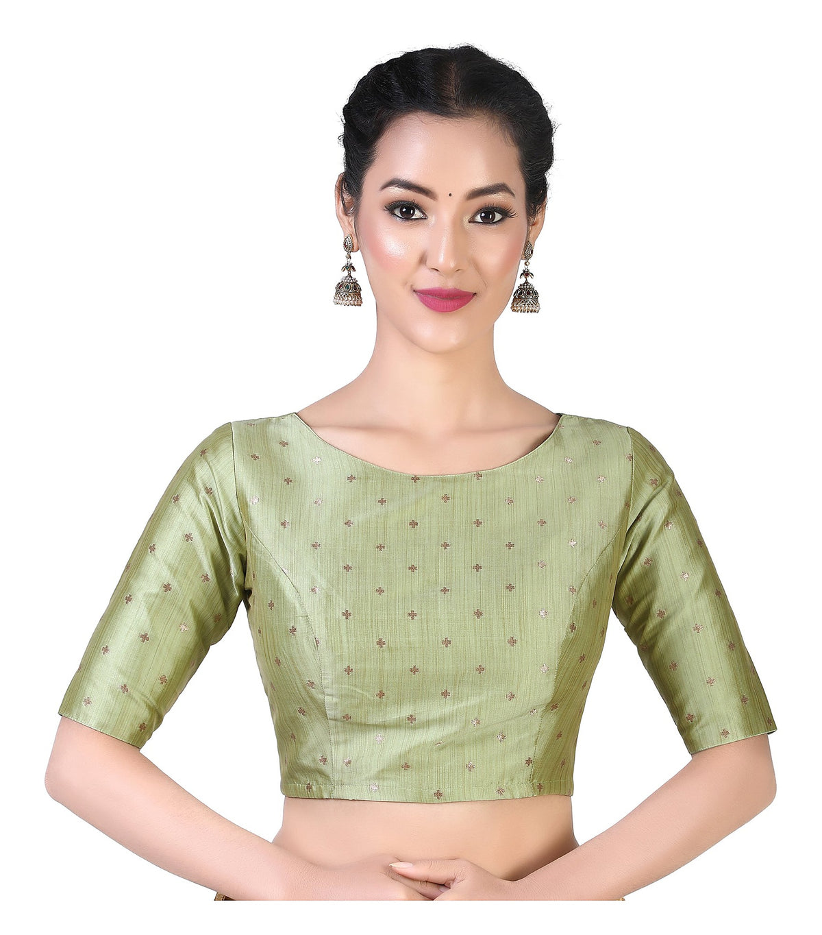 Pista Green Brocade Ready-Made Blouse - Boat Neck with Elbow Sleeves front view