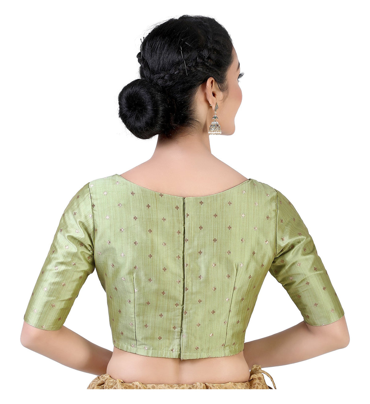 Pista Green Brocade Ready-Made Blouse - Boat Neck with Elbow Sleeves