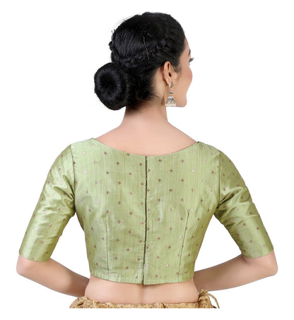 Pista Green Brocade Ready-Made Blouse - Boat Neck with Elbow Sleeves