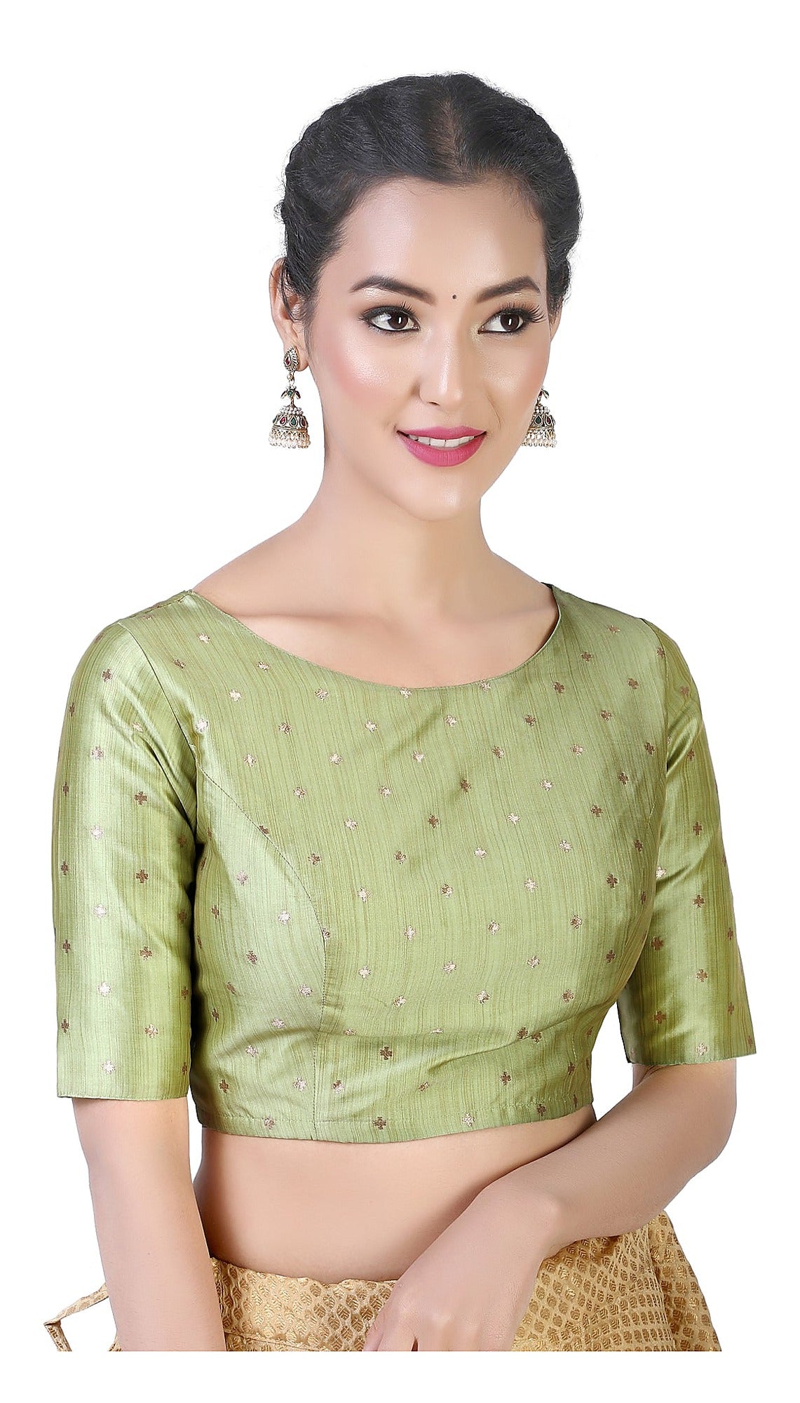 Pista Green Brocade Ready-Made Blouse - Boat Neck with Elbow Sleeves