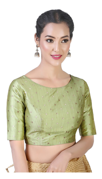 Pista Green Brocade Ready-Made Blouse - Boat Neck with Elbow Sleeves