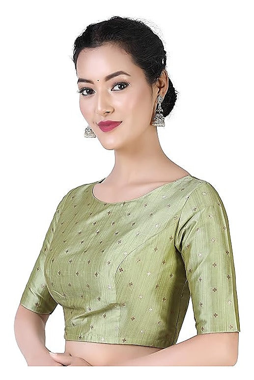 Pista Green Brocade Ready-Made Blouse - Boat Neck with Elbow Sleeves