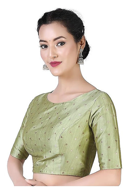 Pista Green Brocade Ready-Made Blouse - Boat Neck with Elbow Sleeves