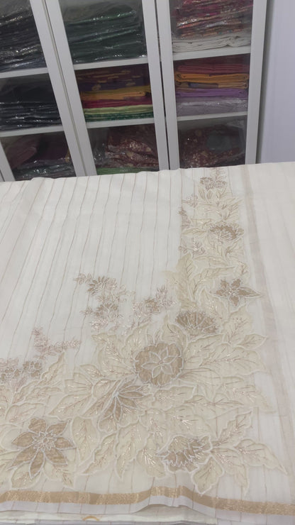 Fancy Chanderi Saree in Off White with Rich Embroidery Work