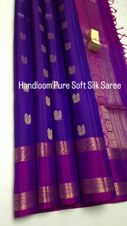Royal Purple With Magenta Border Handloom Pure Soft Silk Saree with Annapakshi Buttas