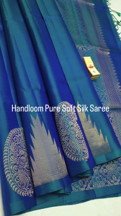 Pure Soft Silk Saree – Dual tone Peacock Green with Gold Zari Peacock Butta | Silk Mark Certified