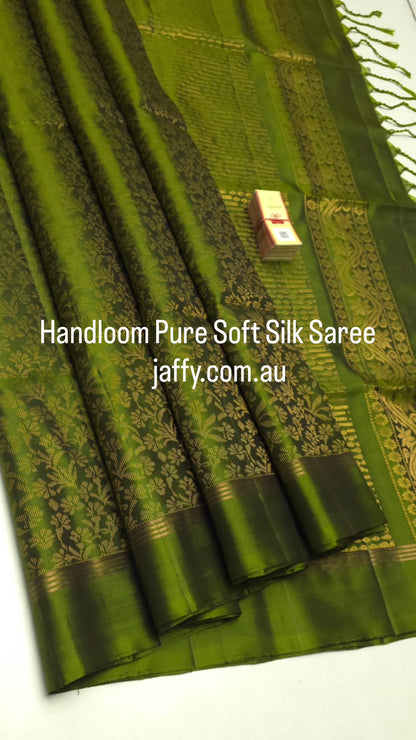 Pure Soft Silk Saree – Olive Green with Gold Zari Floral Weave | Silk Mark Certified