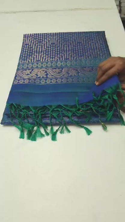 Dual-tone Peacock Blue Pure Silk Saree with Floral Zari Weaving