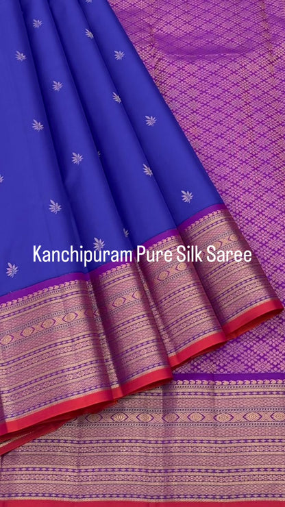 Royal Blue Pure Kanchipuram Silk Saree with Gold Butta Motifs and Contrast Magenta Border | Silk Mark Certified