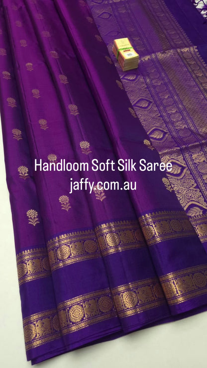 Royal Purple Handloom Pure Soft Silk Saree with Floral Buttas - Silk Mark Certified