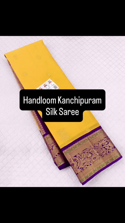 Yellow Handwoven Kanchipuram Silk Saree with Purple Contrast Pallu | Silk Mark Certified