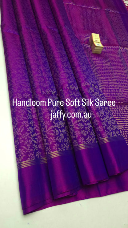 Pure Soft Silk Saree in Royal Purple & Magenta with Floral Woven Design - Silk Mark Certificate