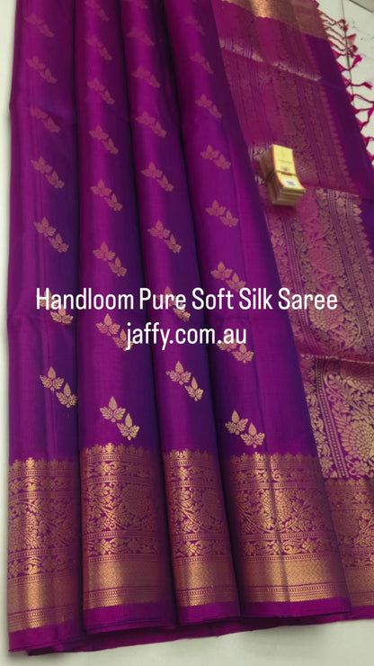 Magenta Purple Handloom Pure Soft Silk Saree with Gold Buttas | Silk Mark Certified
