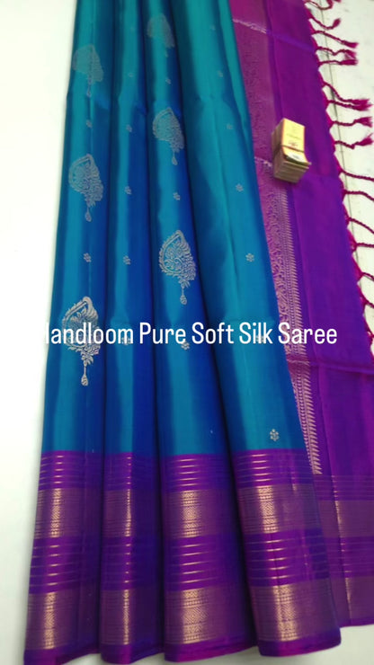 DualTone Peacock Blue With Purple Zari Border Handloom Pure Soft Silk Saree with Gold Paisley Buttas