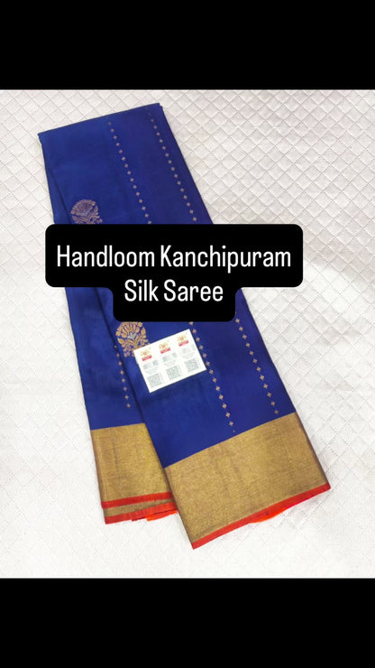 Royal Blue Handwoven Kanchipuram Pure Soft Silk Saree with Gold Butta Motifs and Pink-Orange Contrast Pallu