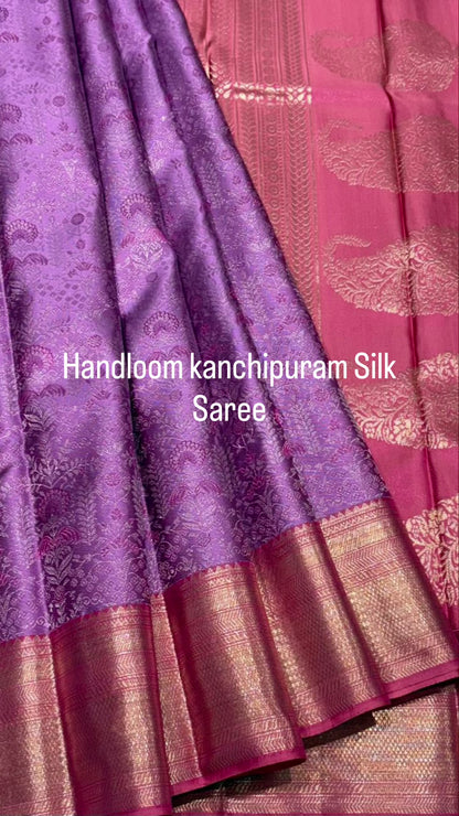 Pure Kanchipuram Silk Saree in Purple with Pink Pallu & Zari Border – Bridal & Festive Wear