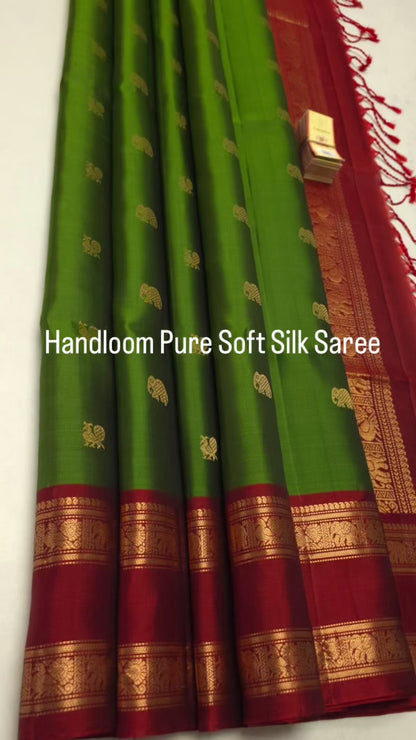 Green With Maroon Border Handloom Pure Soft Silk Saree with Annapakshi Buttas