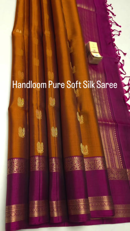 Burnt Orange With Magenta Purple Border Handloom Pure Soft Silk Saree with Floral Buttas