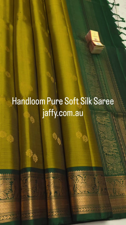 Olive Gold Handloom Pure Soft Silk Saree with Bottle Green Woven Border - Silk Mark Certified