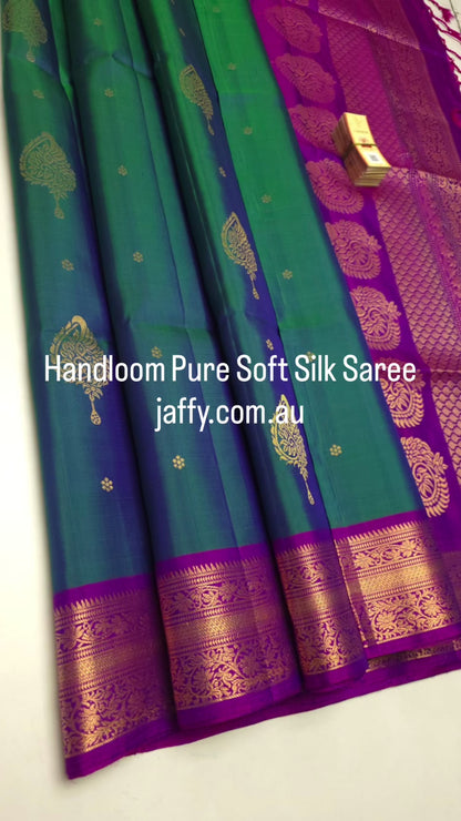 Peacock Green Kanchipuram Style Soft Silk Saree with Magenta Border