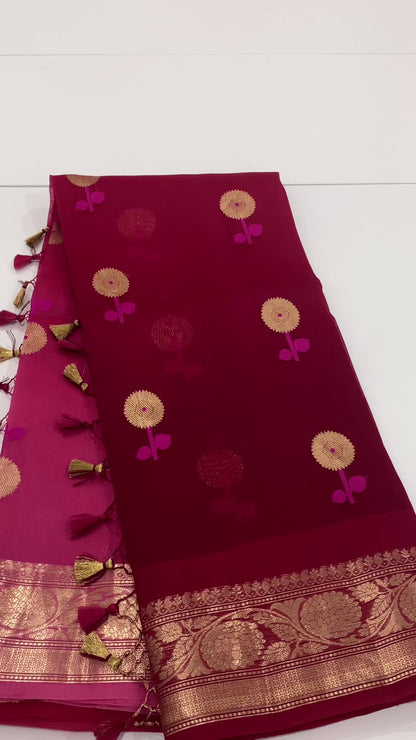 Pink to Maroon Ombré Pure Kora Silk Saree with Floral Buttas
