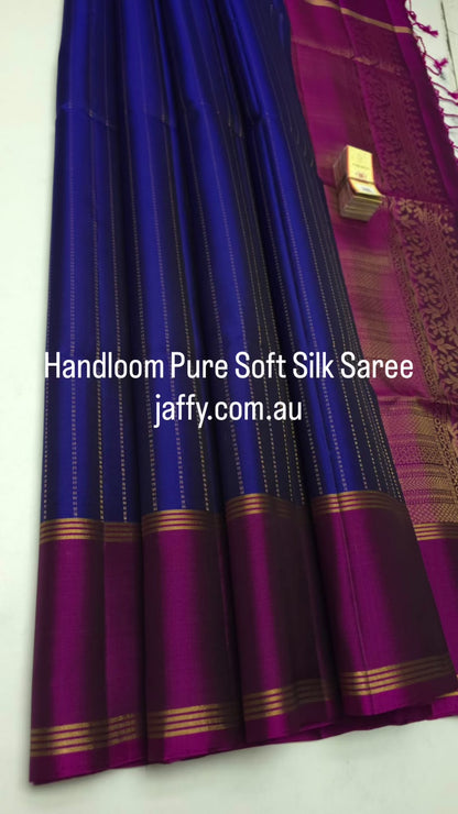 Royal Blue Handloom Pure Soft Silk Saree with Magenta Rettai Pettu Border - Silk Mark Certified