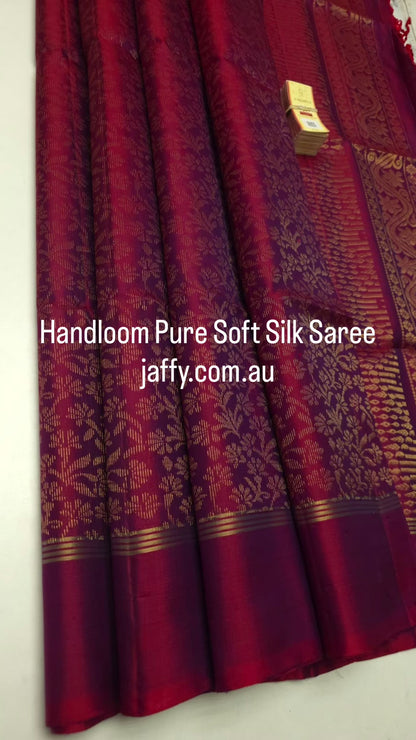 Pure Soft Silk Saree – Dual Tone Maroon Wine with Gold Zari Floral Weave | Silk Mark Certified