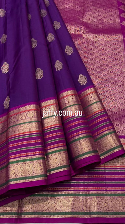 Powerloom Pure Soft Kanchipuram Silk Saree – Royal Purple with Magenta Pallu & Silk Mark Certificate