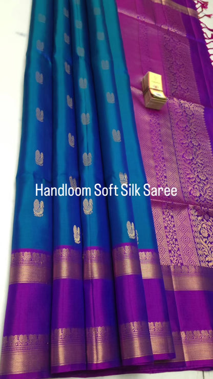 DualTone Peacock Blue With Purple Border Handloom Pure Soft Silk Saree with Annapakshi Buttas