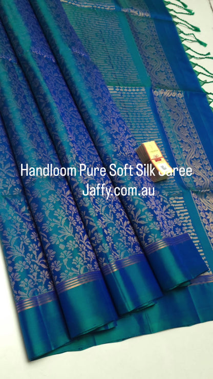 Dual-tone Peacock Blue Pure Silk Saree with Floral Zari Weaving