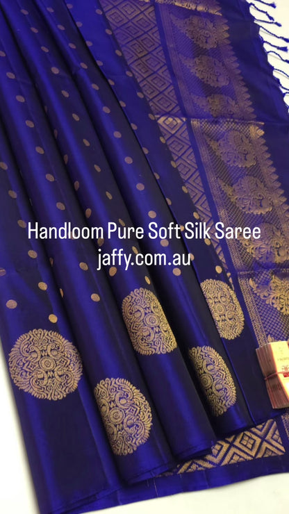 Royal Blue Handloom Pure Soft Silk Saree with Traditional Gold Buttas - Silk Mark Certified