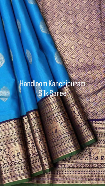 Blue Kanchipuram Pure Silk Saree with Zari Butta & Elephant Border – Handwoven & Silk Mark Certified