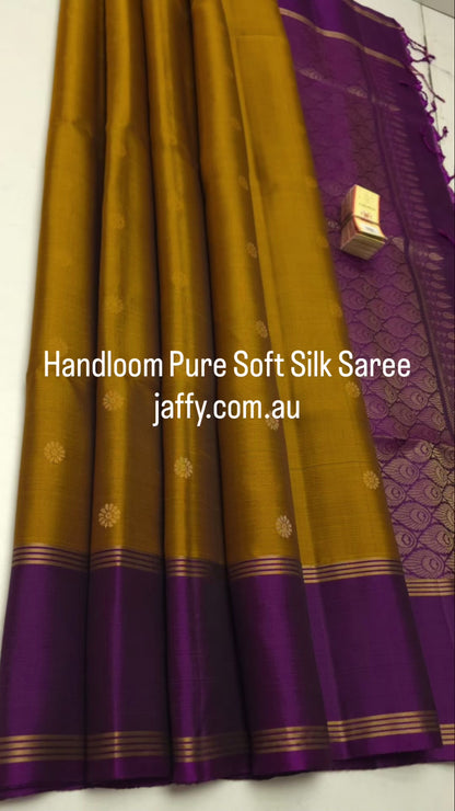 Fancy Soft Silk Saree in Mustard Gold with Deep Purple Contrast Rettapet Border - Silk Mark Certified