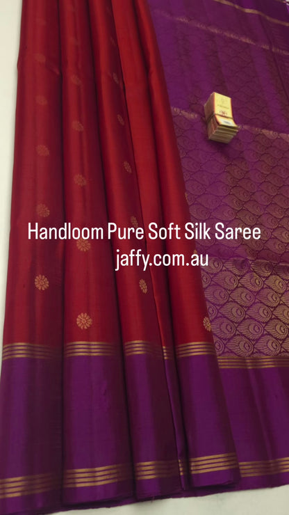 Pure Silk Saree - Rust Red with Purple Contrast Border | Silk Mark Certified