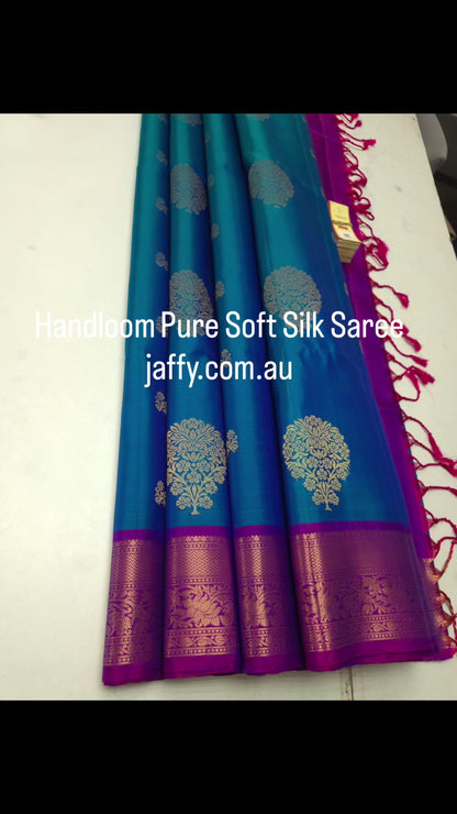 Dual tone Peacock Blue Kanchipuram Style Soft Silk Saree with Magenta Border
