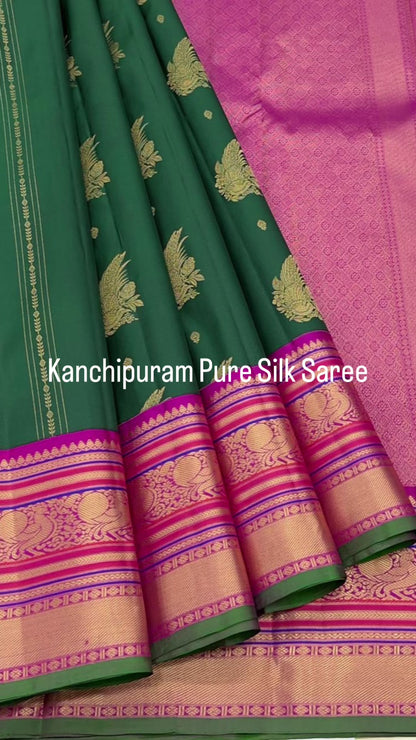 Pure Kanchipuram Silk Saree - Deep Green with Magenta Peacock Border | Silk Mark Certified