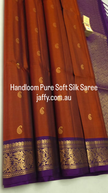 Rust Orange Handloom Pure Soft Silk Saree with Purple Border & Mango Buttas - Silk Mark certified
