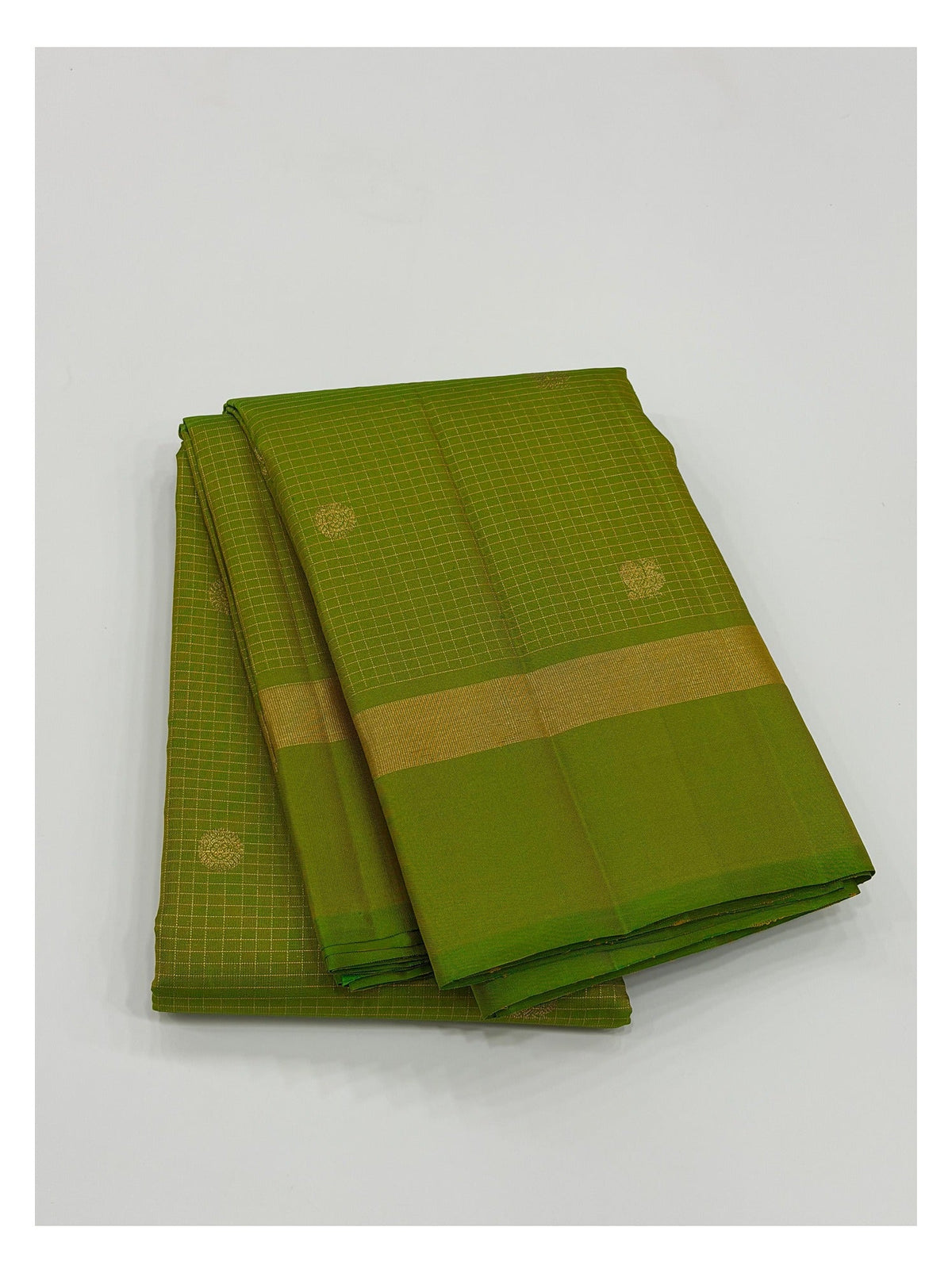 Green saree with gold checks, round butta motifs and woven gold border front view