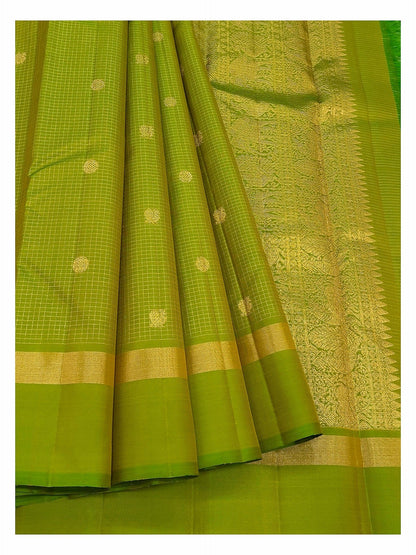 Green saree with fine gold checks, round butta motifs and richly woven pallu detail