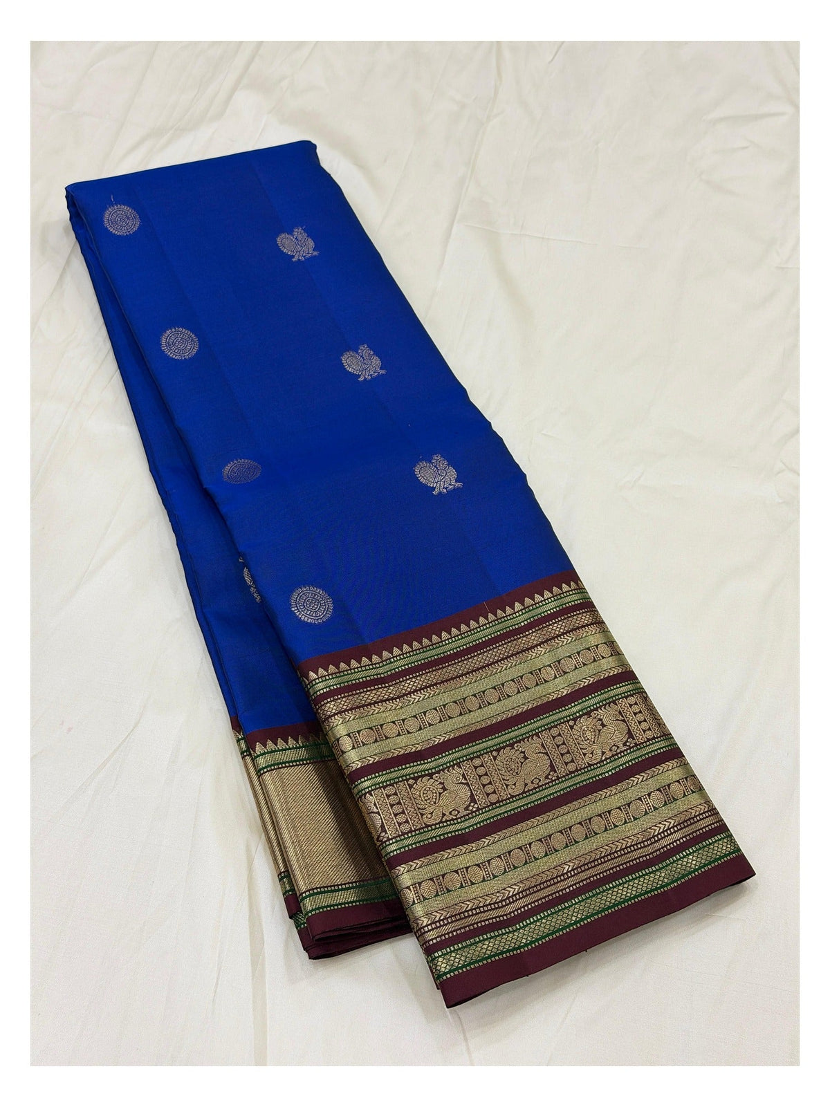 Handwoven Kanchipuram Silk Saree - Royal Blue with Gold-Toned Maroon Border full folded view