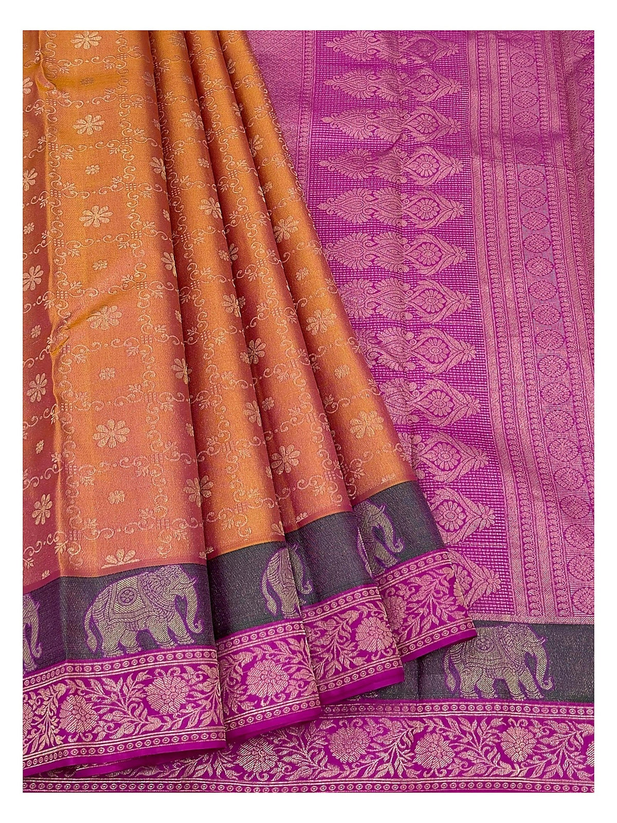 Mustard pure silk saree with magenta pallu, elephant border and detailed open drape view