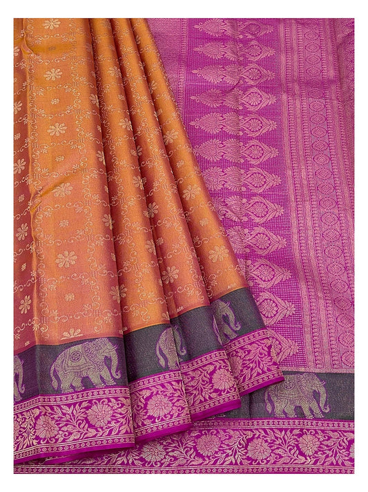 Mustard pure silk saree with magenta pallu, elephant border and detailed open drape view
