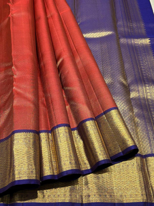 	Kanchipuram red pure silk saree with blue border and zari work – full view