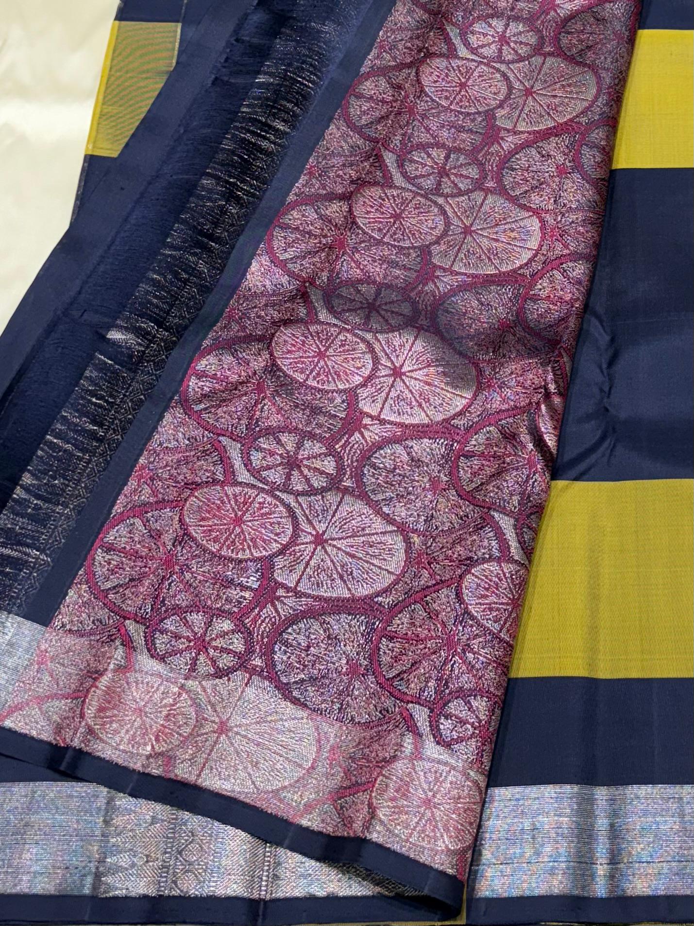 Pure silk Kanchipuram saree with mustard yellow and olive green checks – close-up